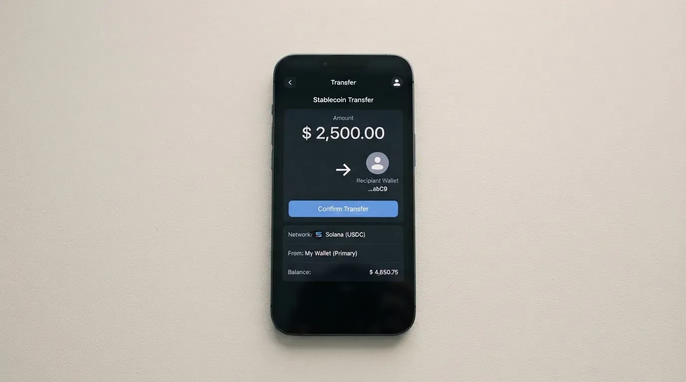 A phone showing a stablecoin transfer screen
