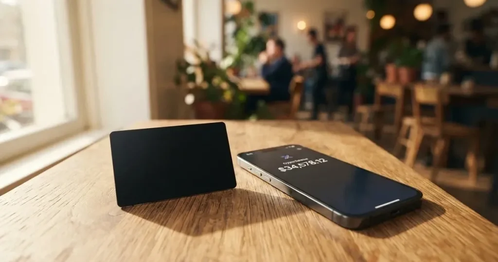 A payment card next to a phone with a crypto wallet app open
