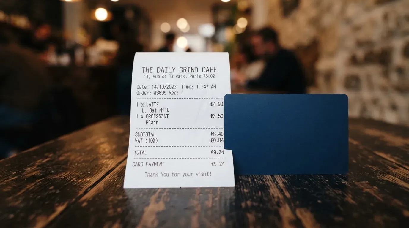 A receipt and a card on a café table