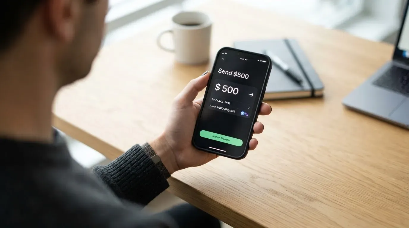 A phone showing a stablecoin transfer screen