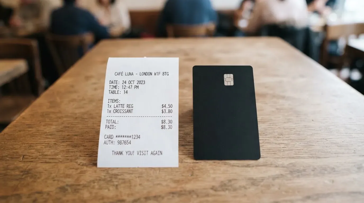 A receipt and a card on a café table
