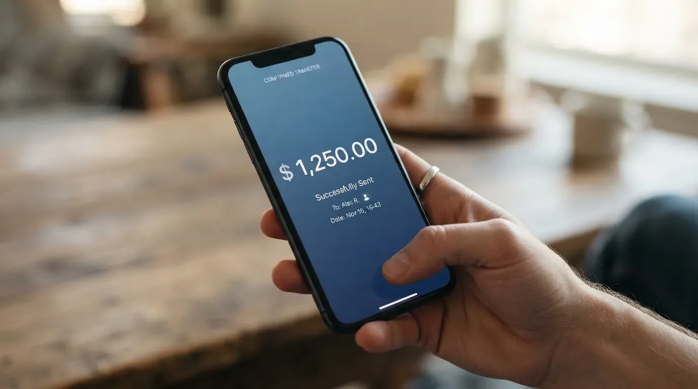 A phone showing a stablecoin transfer screen