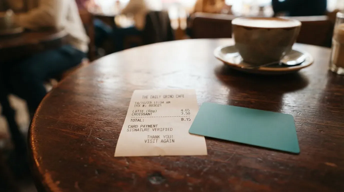 A receipt and a card on a café table