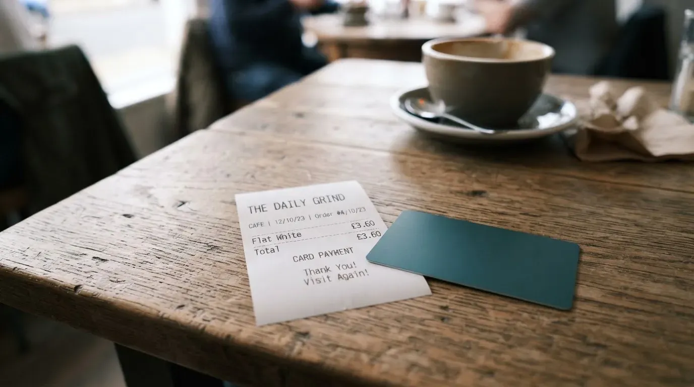 A receipt and a card on a café table