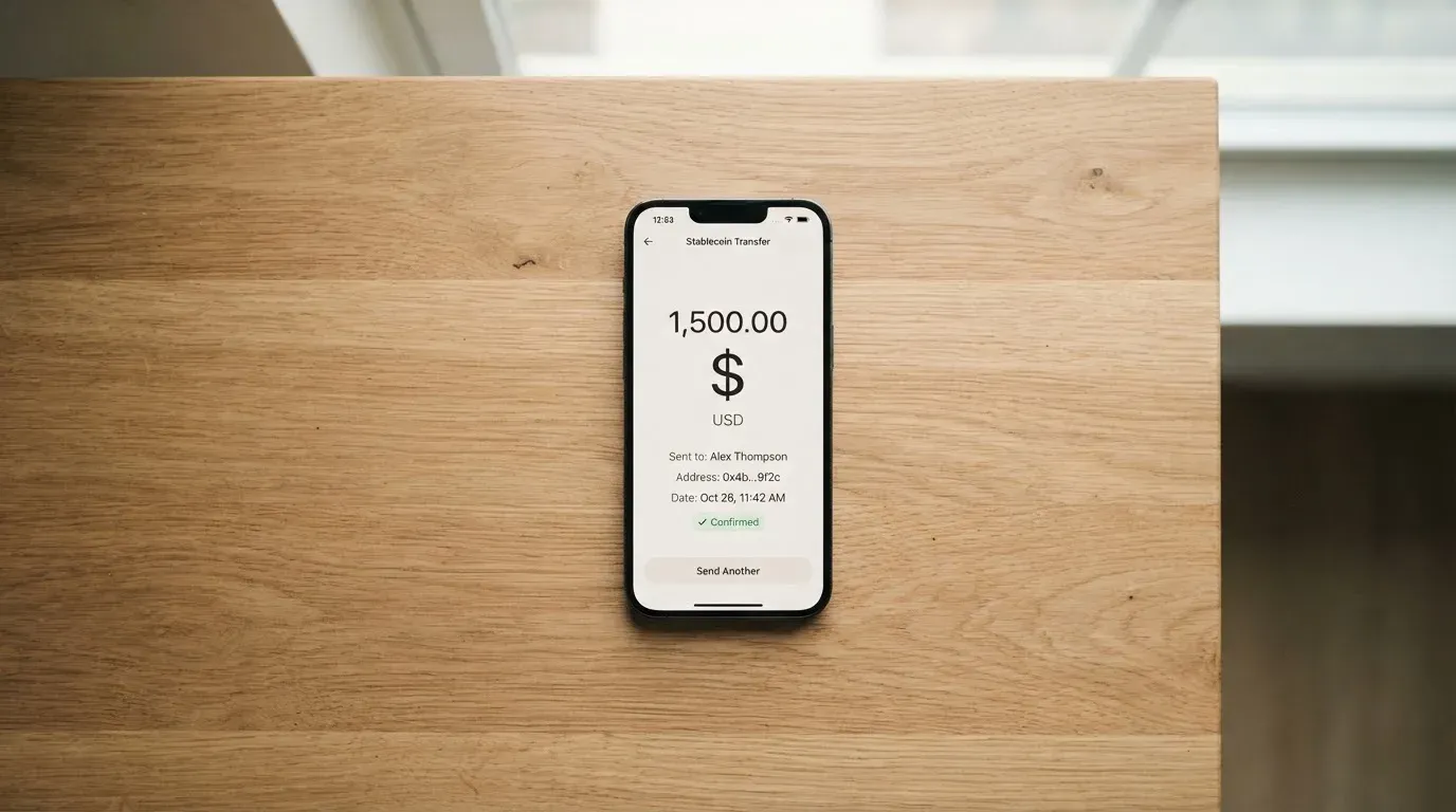 A phone showing a stablecoin transfer screen